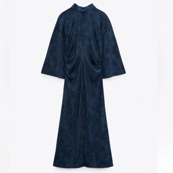 ZARA Elegant Flattering Navy Blue Jacquard Kimono Women's Dress Bell Sleeve $129 - Picture 6 of 7